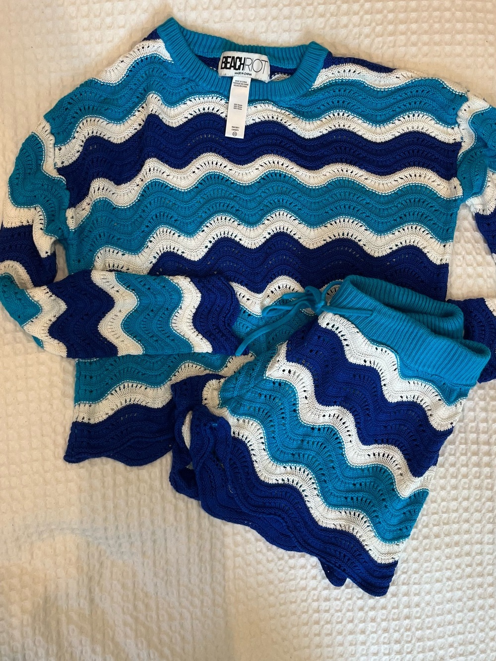 Beach Riot Blue, Aqua & White Wavy Knit Top and Shorts Set